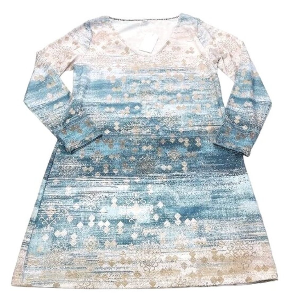 NWT Exclusive Heart Blue and Tan Long Sleeve V-Neck Sheath Dress Size Large
